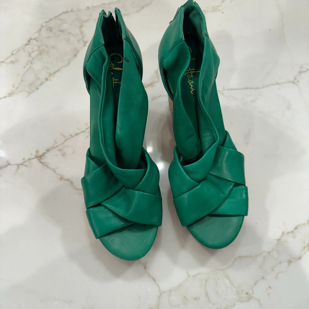 Cole Haan Nike Air Green Leather Espadrille Wedges SZ 8
